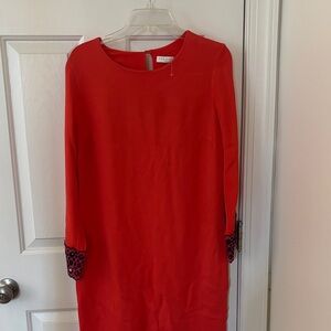 Sandro: Red Long Sleeve Dress with Embellished Eyelet Navy Cuffs